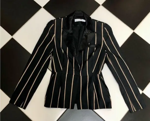 Self Portrait Self-Portrait Tailoring Peplum Blazer Vertical Stripes Black & Tan Flattering 6