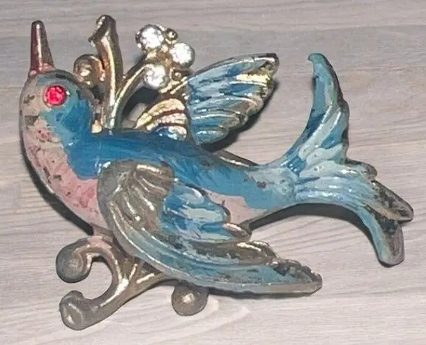 Vintage 50's BIRD RING Size 5 Enamel & Rhinestones Blue Pink
