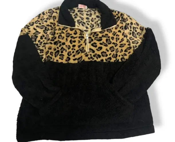 C+D+M Women’s Fleece Leopard Sweatshirt Black Print 1/4 Zip Size Large