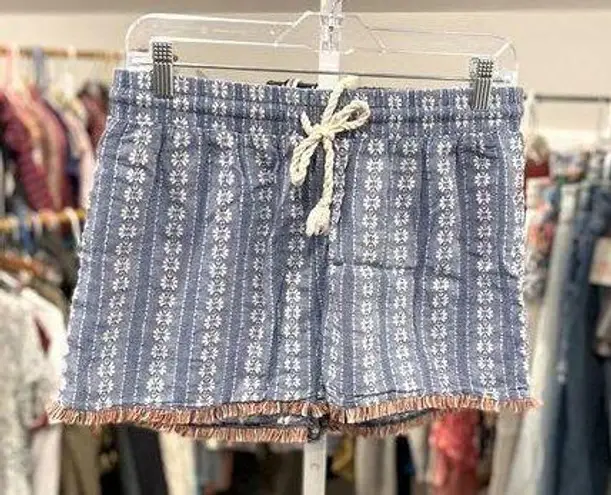 Mossimo White Floral Embroidered Chambray Shorts With Rainbow Fringe Blue Size L