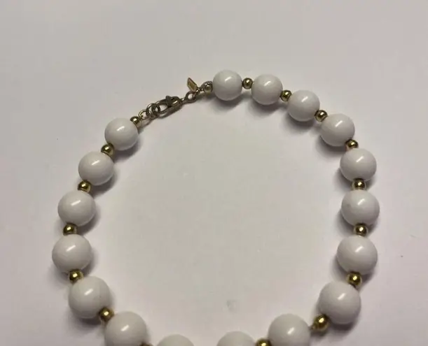 Monet Vintage Signed  White Bead / Gold Tone Beaded Bracelet