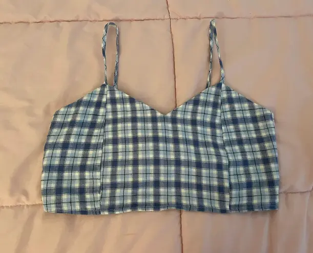 Purrr Melrose Blue White Gingham Spaghetti Straps Crop Top, one size