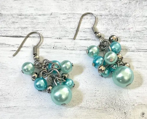 Faux blue Pearl and silver bead dangle earrings