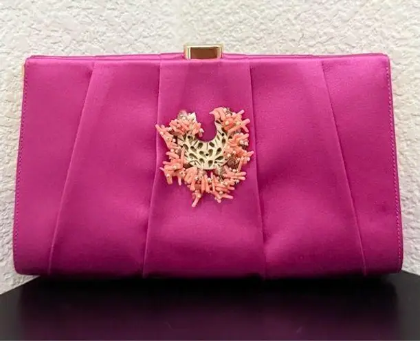 Oscar de la Renta Pink Satin Coral Bead Embellished Clutch Evening Shoulder Bag