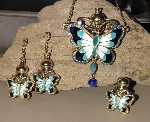 Perfume Butterfly Statement Jewelry Set Necklace Earring Ring Enamel Detailing Blue