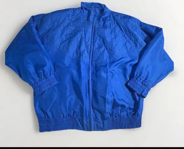 VTG Rhoda Gynne Blue Beaded 100% Silk Sweat Suit Jacket & Pants M/L (Loose FitL) Size M