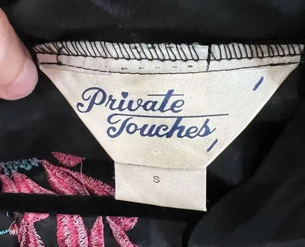 Vintage Private Touches Black Hot Pink Floral Embroidered Robe