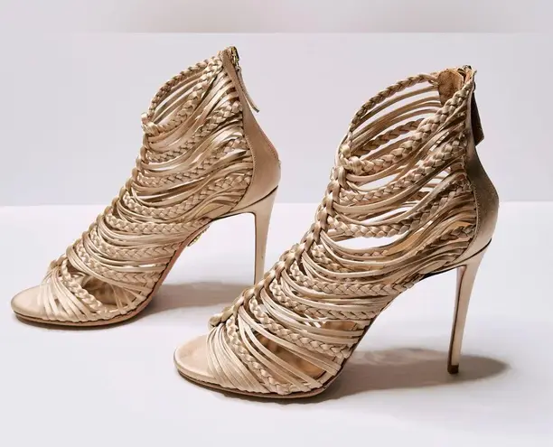 Aquazzura Goddess Braided Blush Pink Nude Satin Strappy Sandal Heel Shoes 39.5 Size 8.5