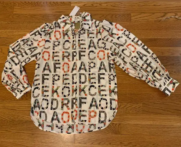 OVI NWT playing cards letter print button up long sleeve blouse size L