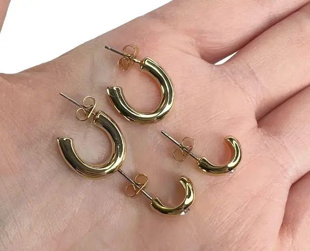 Shiny Gold Tone Huggie Hoops Rhinestone Pierced Earrings Set