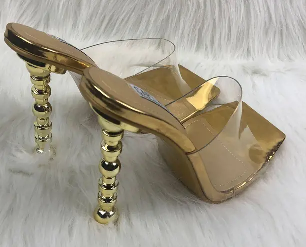 Cape Robbin Metro Gold Patent Leather Clear Vamp Slip On Heel Sandals Mules 8.5