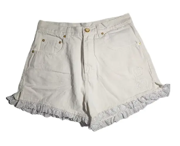 Vtg 1990s Jordache White Denim Eyelet Lace Trim Heart Embroidered Shorts 13 14