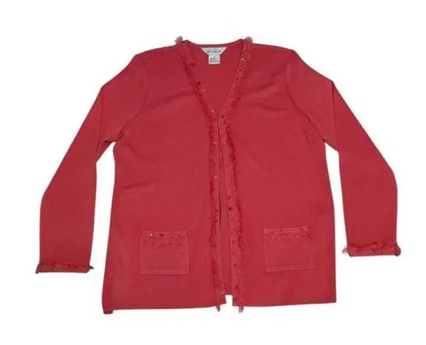 Misook Vintage Fringe Beaded Cardigan Coral Pink Open Sweater Womens Large VTG