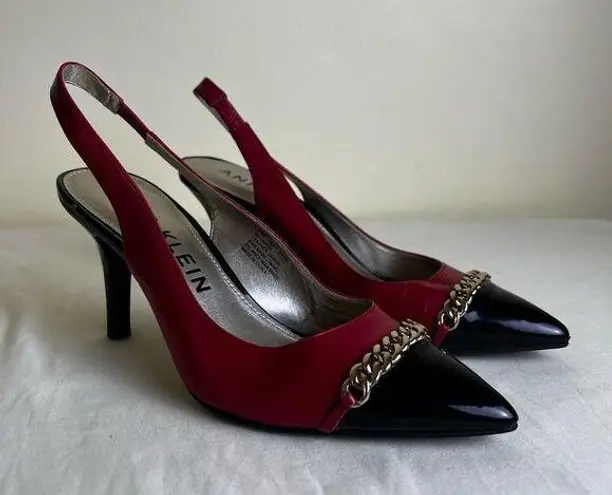 Anne Klein  Yavari Slingback Pumps Leather Polished Cap Toe Two Tone Black Red 7