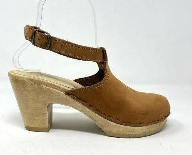 Sven Brown Nubuck Leather Wooden Halter Top High Heel Clog Sandals 36 5.5 6