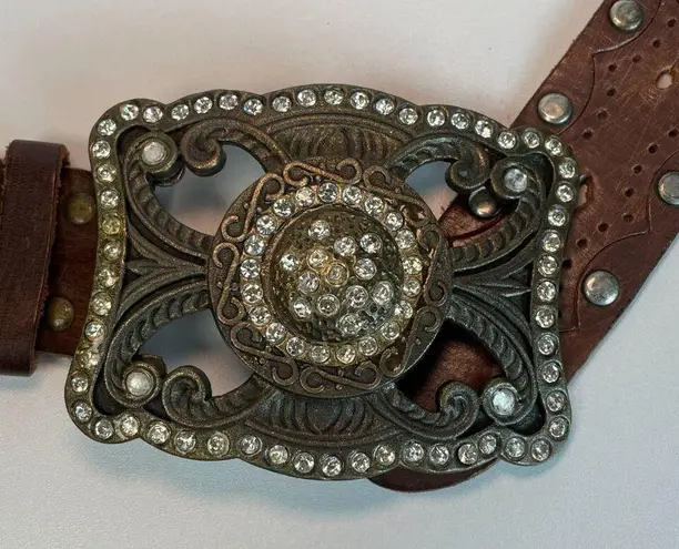 River Island Vintage Women Belt Sz Small Brown Genuine Leather Metal Buckle Dec