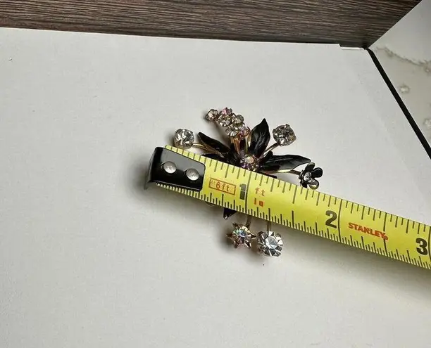 Austria AB Rhinestone Flower Black Enamel Gold Tone Brooch Pin Vintage