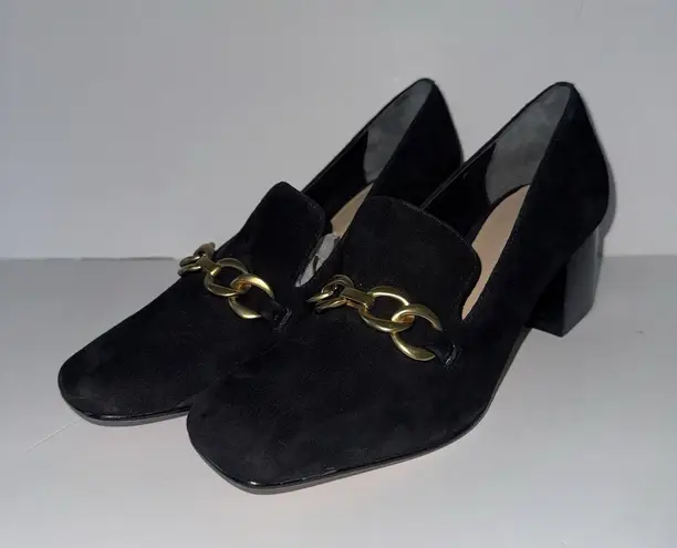Vis Spiga Women’s Black Suede Block Heel Loafers Size 7 Chain Detail Slip On
