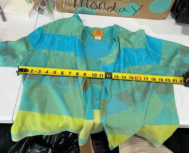 Ruby Road Blue Green Stripe Open Front Cardigan Slight Crop Womens Petite Large Size undefined