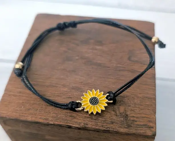 Sunflower Charm Adjustable Bracelet on Black Cord Yellow