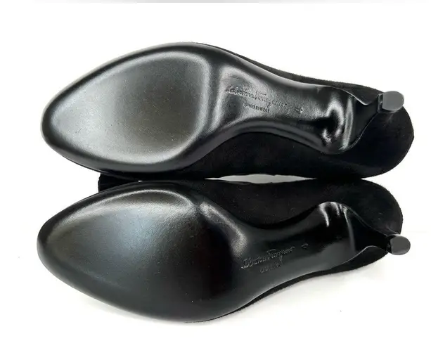 Salvatore Ferragamo CARLA 70mm BLACK SUEDE WITH SCALLOPING TRIM BOW PUMPS SIZE 4