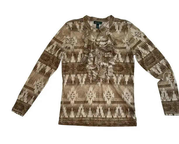 LRL Lauren Jeans Company Neutral Tones Aztec Ruffle Front Semi Sheer Top Size XL Tan