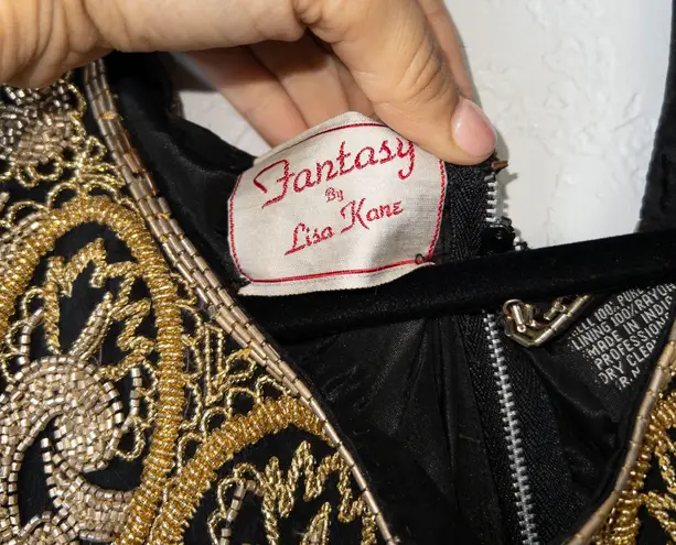 Lisa Kane Fantasy by Black and Gold Fully Beaded Silk Maxi Dress Size Small