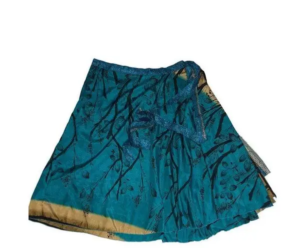 Wevez Blue Gold Double Wrap Skirt Sari L OS Silk Reversible India Midi Maxi Long Size undefined