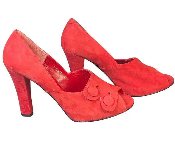 Costa Blanca Size 9.5M Red Suede Peep Toe Button Pumps Women's Heels Vintage