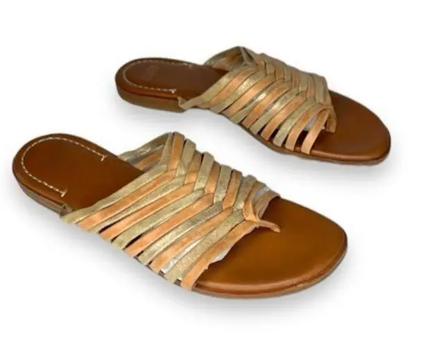 Johnston & Murphy tan gold sueded leather braided slip on toe loop sandals 10