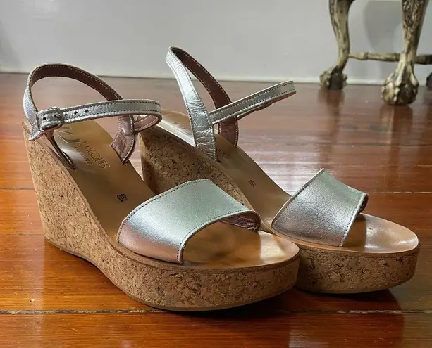 K Jacques Josy Cork Wedge Sandal in Matte Metallic Beige and Tan ~ Size 40 Silver