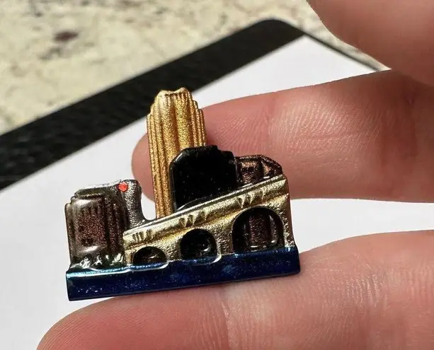 Handmade Handcrafted Enameled City Scene Building With Bridge Brooch Pin