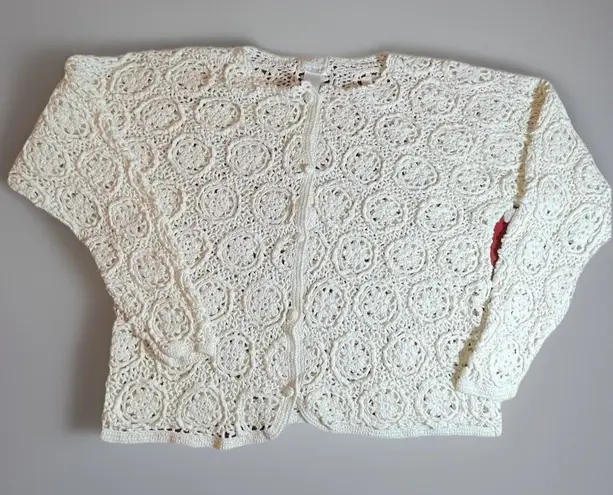 Moda Intl Crochet Button Front Cardigan Womens Med Ivory Medallion Vtg Y2k Retro