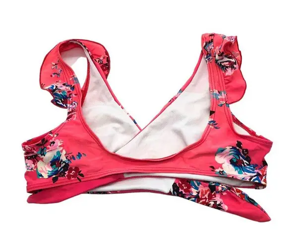 COCOSHIP Womens Floral Wrap Bikini Top Ruffle Pink & White Size 8