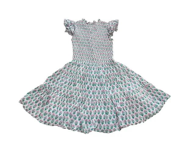 Oliphan Floral Smocked Ruffle Mini Dress Pink Green White Sleeveless Summer S