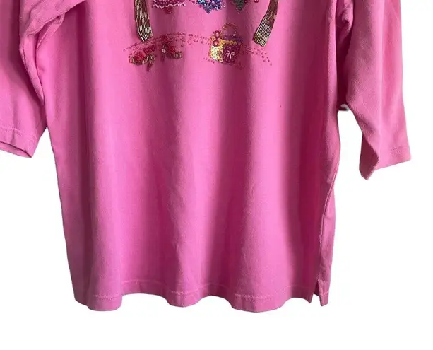 Quacker Factory  Women Top L Pink 3/4 Sleeve Beaded Palm Scene Tropical Resort