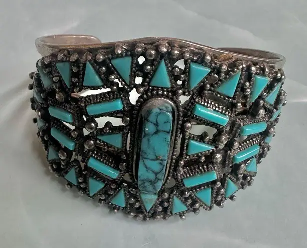 Southwestern Style Wide Cuff Bracelet Turquoise Mosaic Design Blue