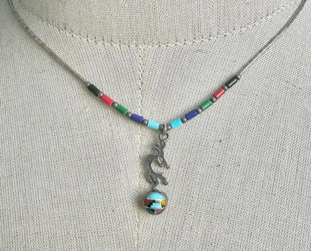 Sterling Silver Southwest Turquoise and other Stones Inlayed Kokopelli Pendant Nec