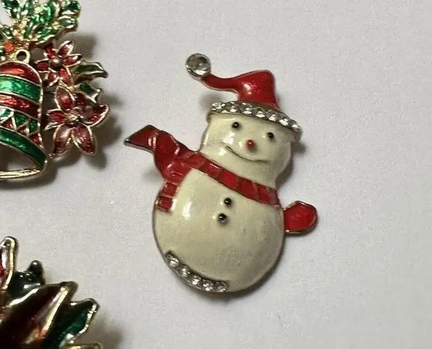 Christmas Holiday Brooch Pins Lot Of 3 Bells, Poinsettia, Snowman