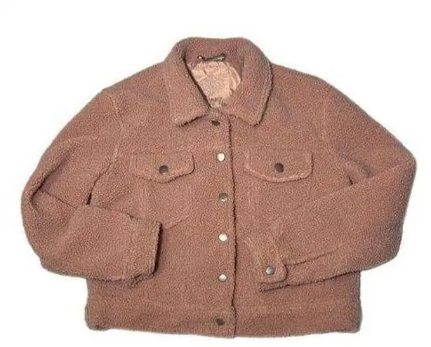 JouJou Womens Medium Rose Winter Faux Fur Button Jacket Lined Semi Crop Pink