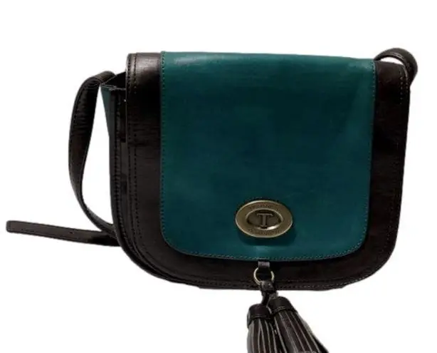 Tignanello Vintage Status Saddle Flap Teal & Brown Leather Crossbody Bag Blue
