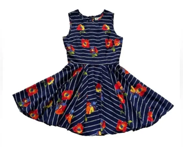 Maison Jules Dress Blue Red Floral Striped Sleeveless Skater Fit & Flare Medium
