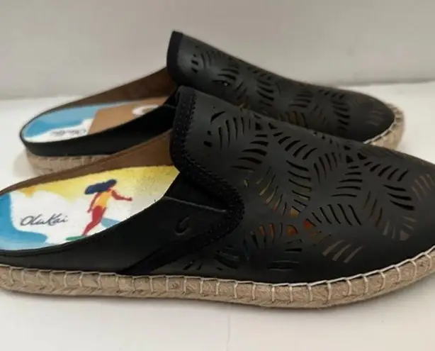 Olukai NEW  Black Kaula 'Olu' Ili Laser Perforated Slip On‎ Espadrille Mules 9.5