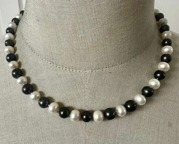 Knotted Freshwater Pearl Necklace White & Black Dyed Baroque Pearls Toggle Clasp