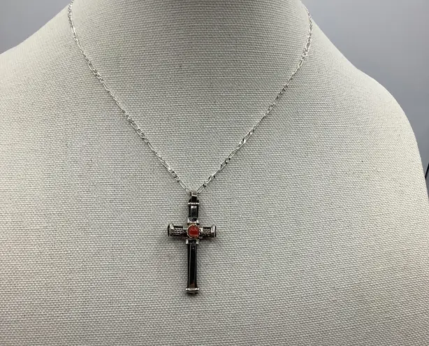 Handmade Black Cross Orange Red Stone Figaro Chain 18” Adjustable 20” Pearl Drop