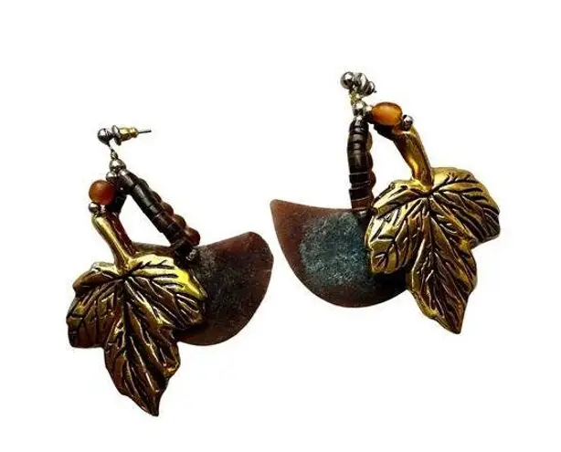 Vintage Leaf Mixed Media Post Dangle Earrings Brown
