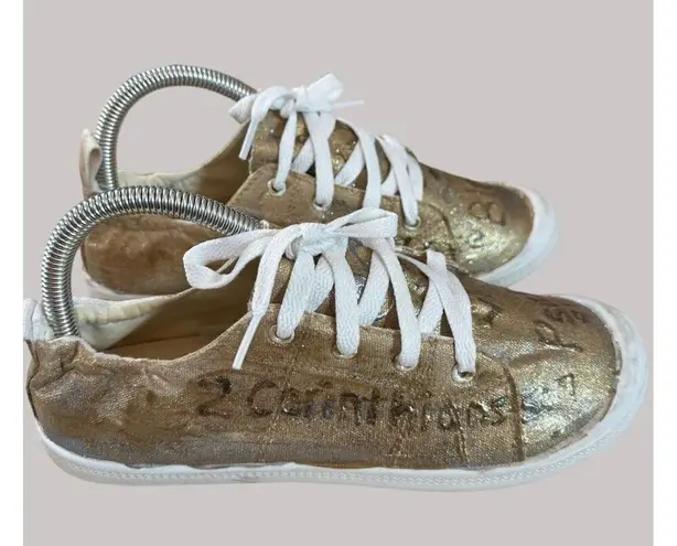 Gold Canvas Sneakers With Bible Verses & White Laces Size 7