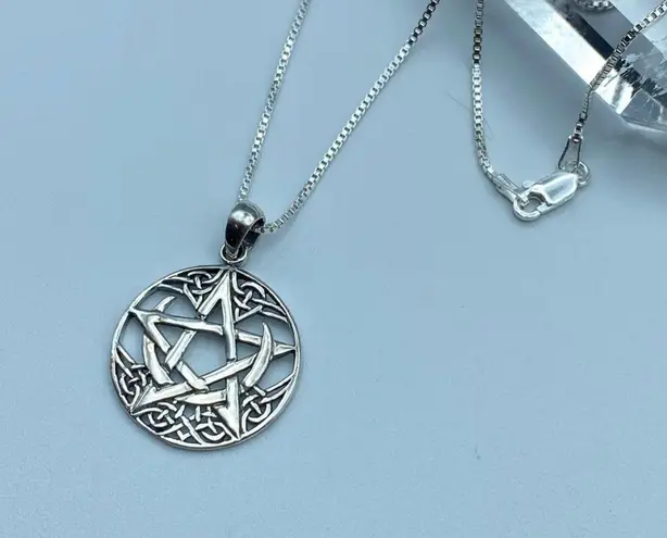 Crescent Celtic Moon With Pentagram Sterling Silver Necklace Box Chain