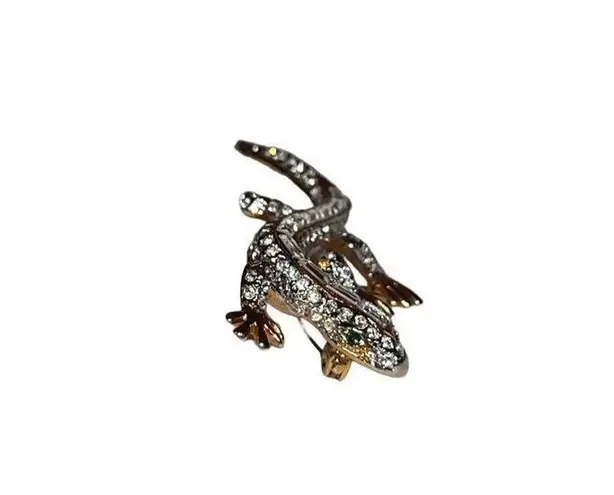 Vtg Clear & Green Rhinestones Reptile Lizard Gecko Jewelry Brooch Mint Condition Gold