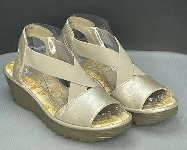 Fly London Gored Cross Band Rale Wedges Silver - Size 39 US 8.5